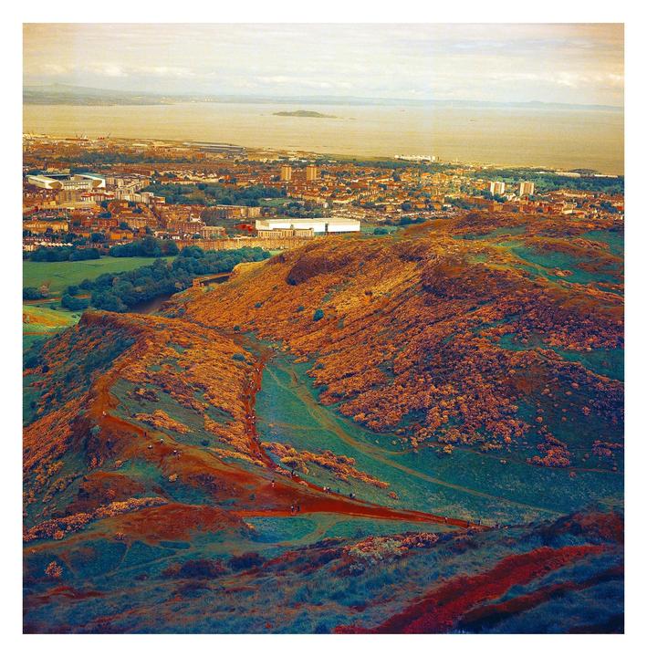 A city and body of water are visible beyond a large hill with walking paths.