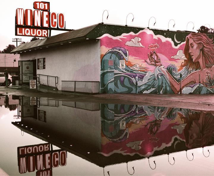 A building with a "101 Wineco Liquor" sign and a colorful mural is reflected in a puddle on the ground.