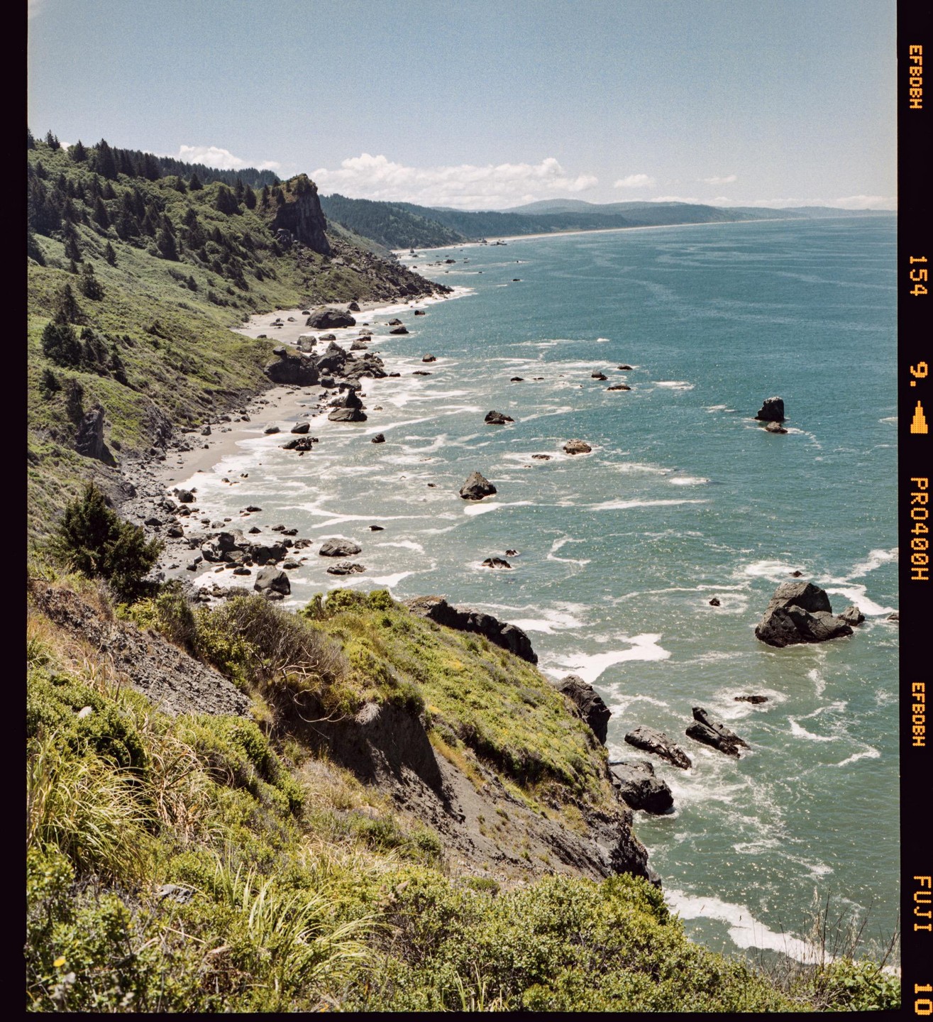 A rugged coastline with green hills and a rocky beach meets the blue ocean under a clear sky.