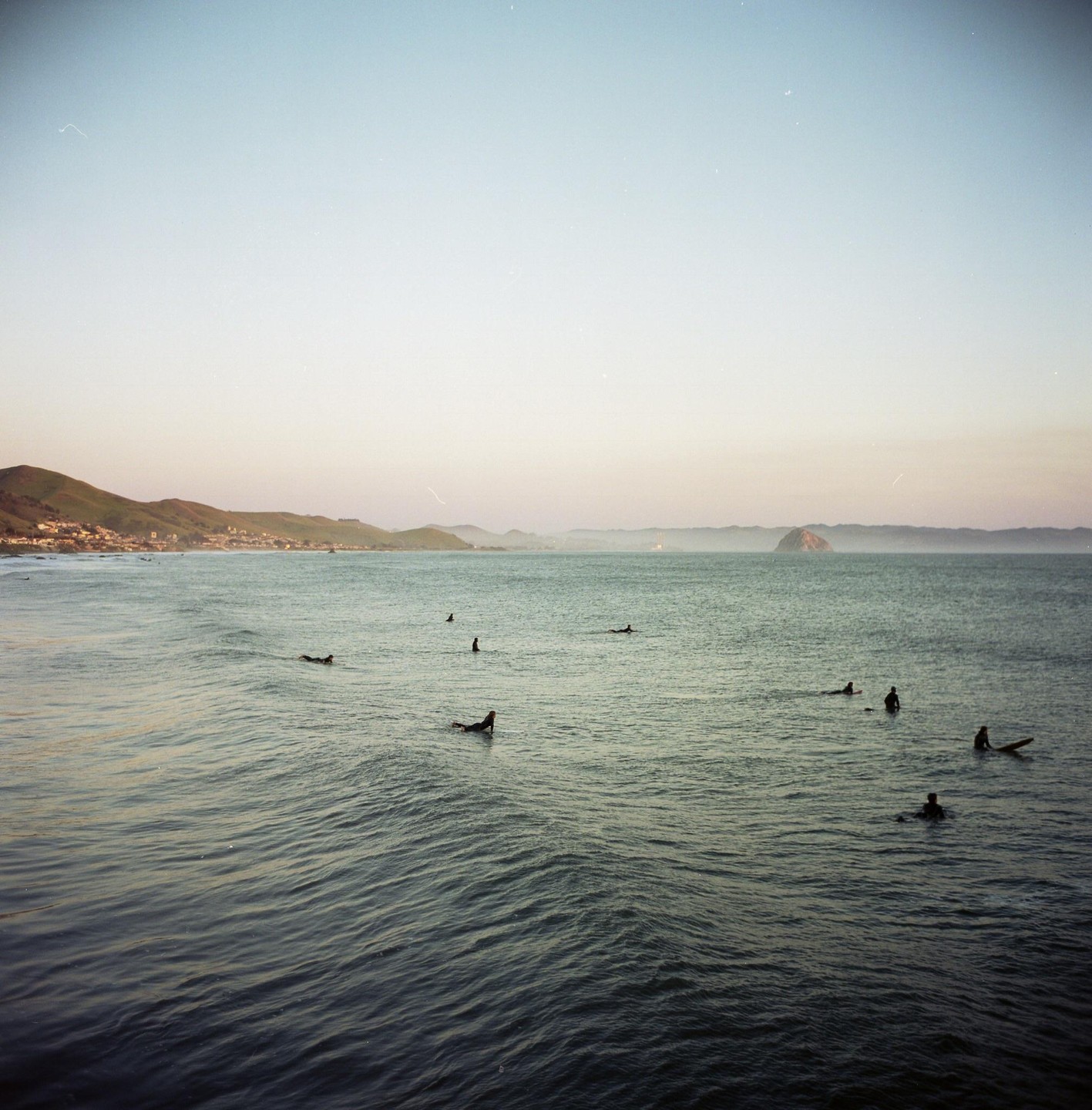 Several surfers wait in the ocean with a town and hills visible in the distance under a clear sky.