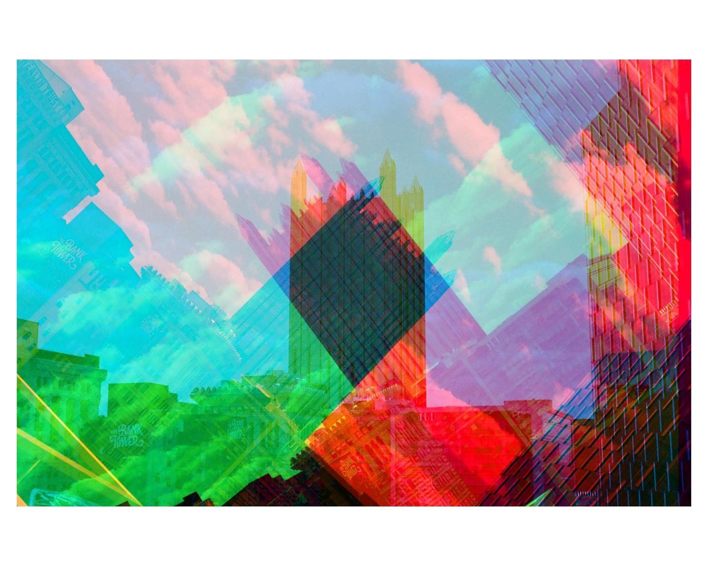 A triple exposure of buildings and sky creates an abstract image with vibrant colors and geometric shapes.