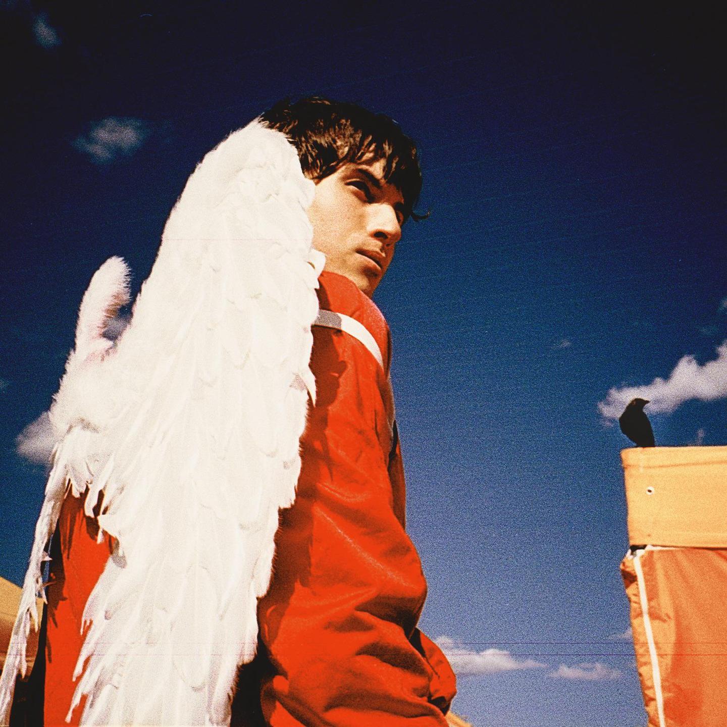 A man wearing large white wings and a red jacket looks over his shoulder at a small black bird perched on an orange object under a bright blue sky.