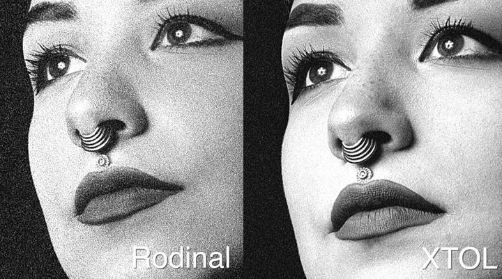 A woman with a septum piercing is shown in two black and white portraits, side by side.
