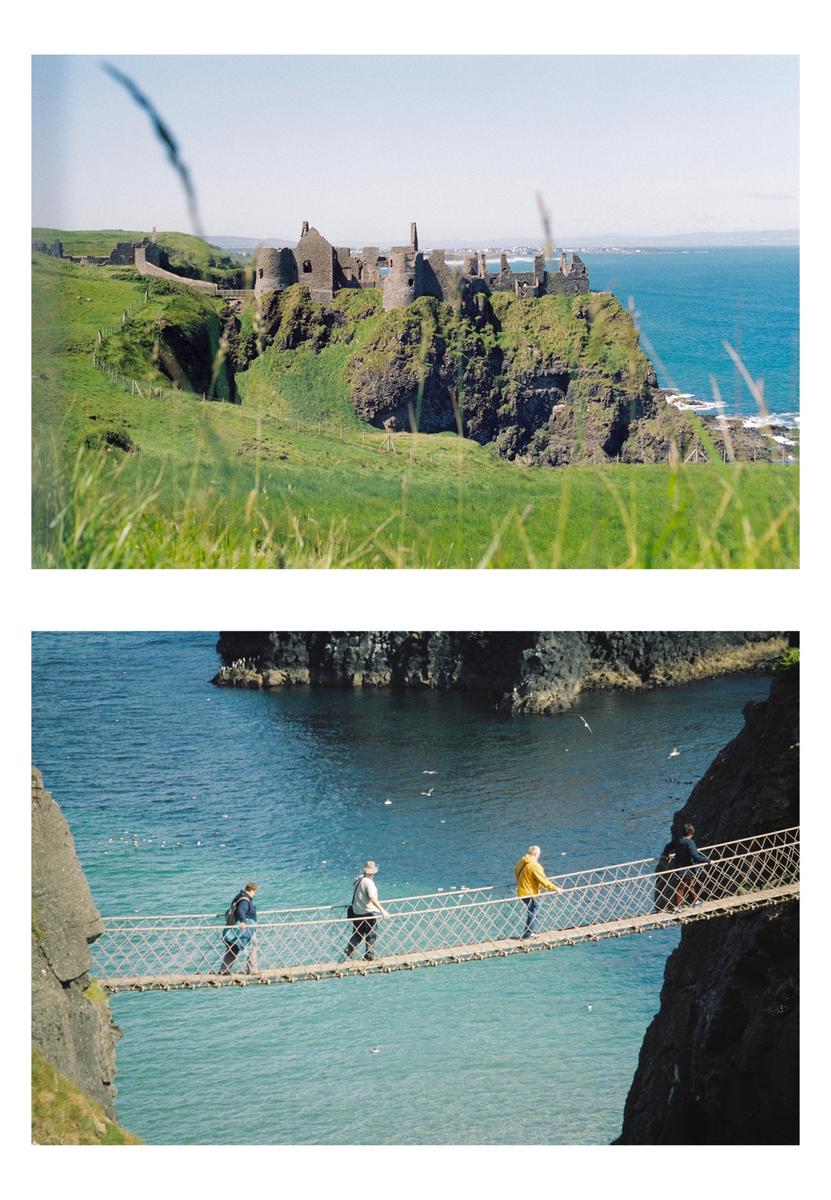 A two-panel image shows a ruined castle on a grassy cliff overlooking the sea and people walking on a rope bridge over the water.