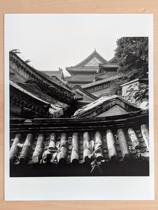 A black and white photograph shows the intricate roofs of the Summer Palace.