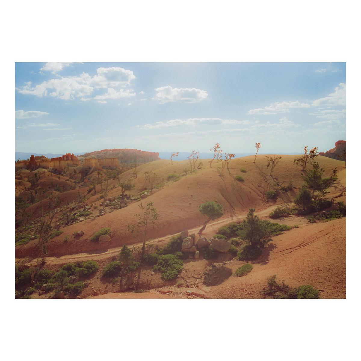 A dirt path winds through a desert landscape with red rock formations under a blue sky with clouds.