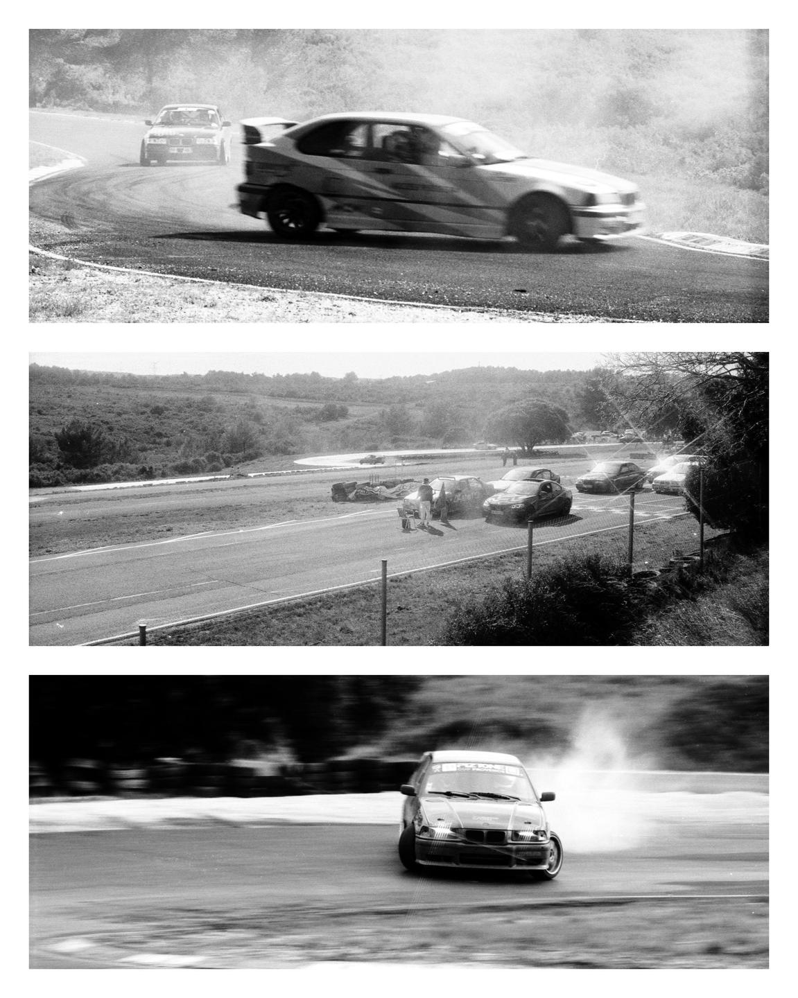 Three black and white images show cars drifting on a track, with one image showing people and parked cars on the side of the track.