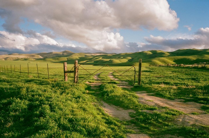 A dirt road leads to a metal gate in a green field with rolling hills under a cloudy sky.