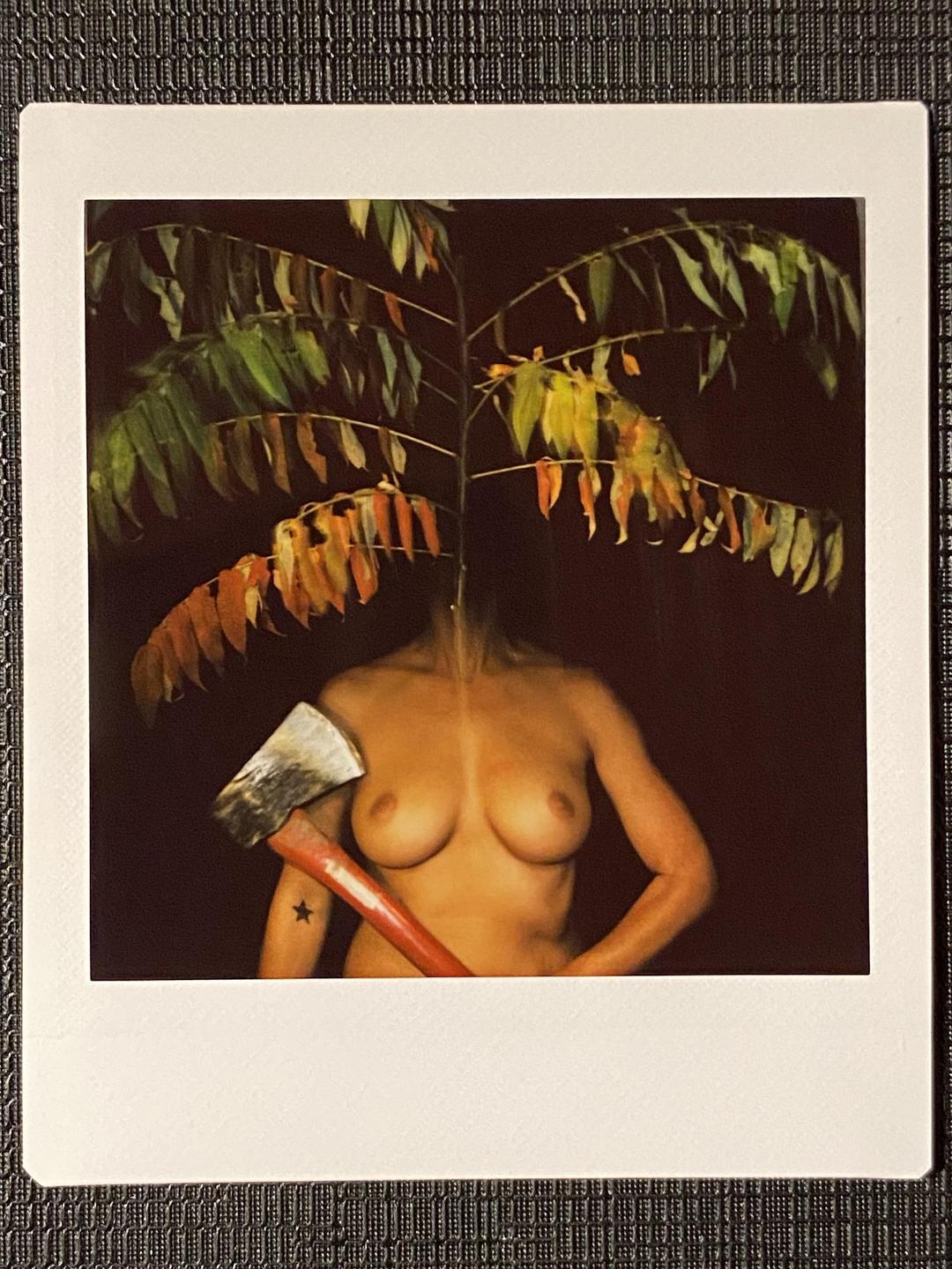 A topless woman holds an axe with a sumac tree covering her head.