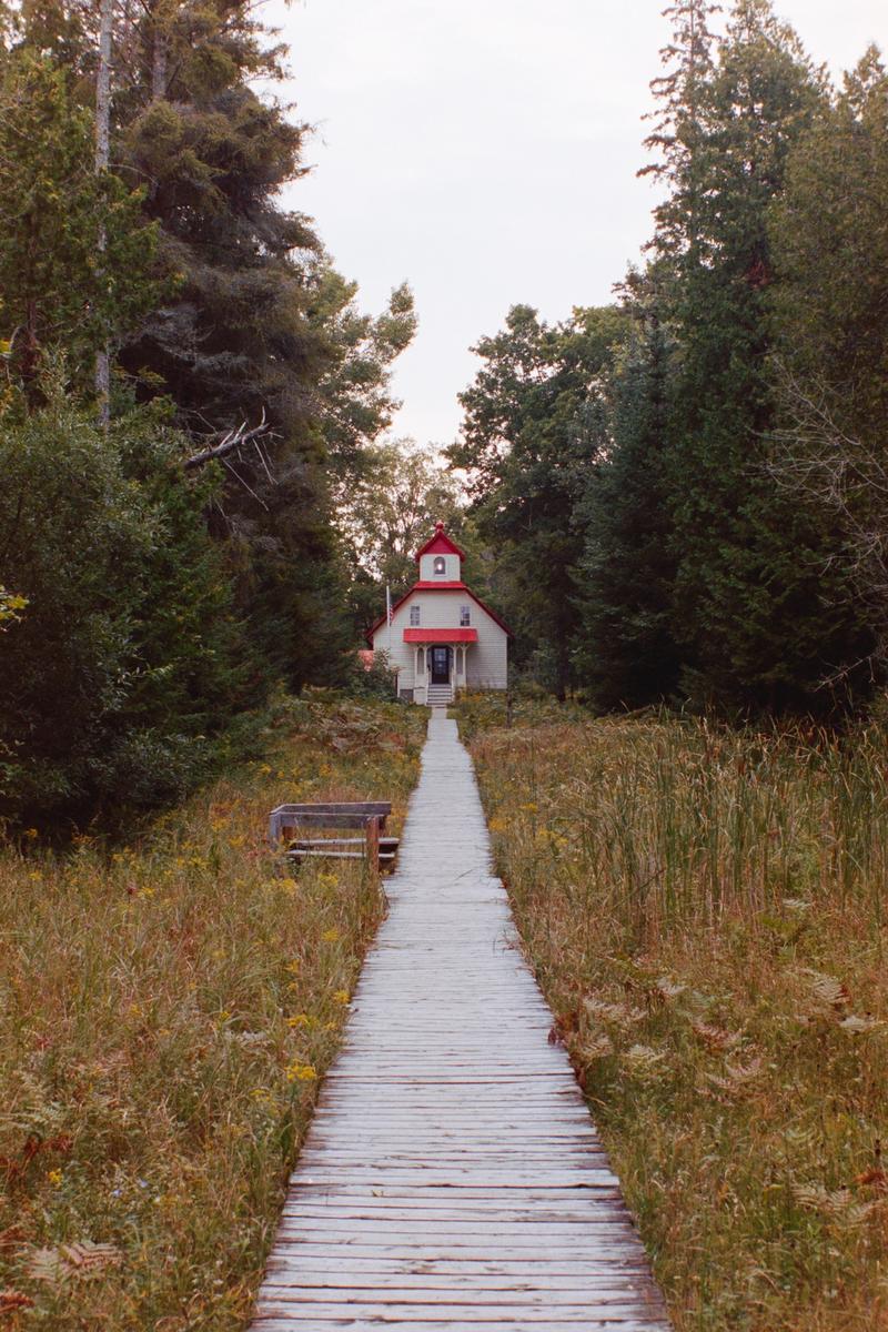 A boardwalk leads through tall grass and trees to a small white building with a red roof.