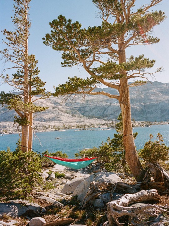 A red and teal hammock is strung between two trees on a rocky shore overlooking a lake and mountains.