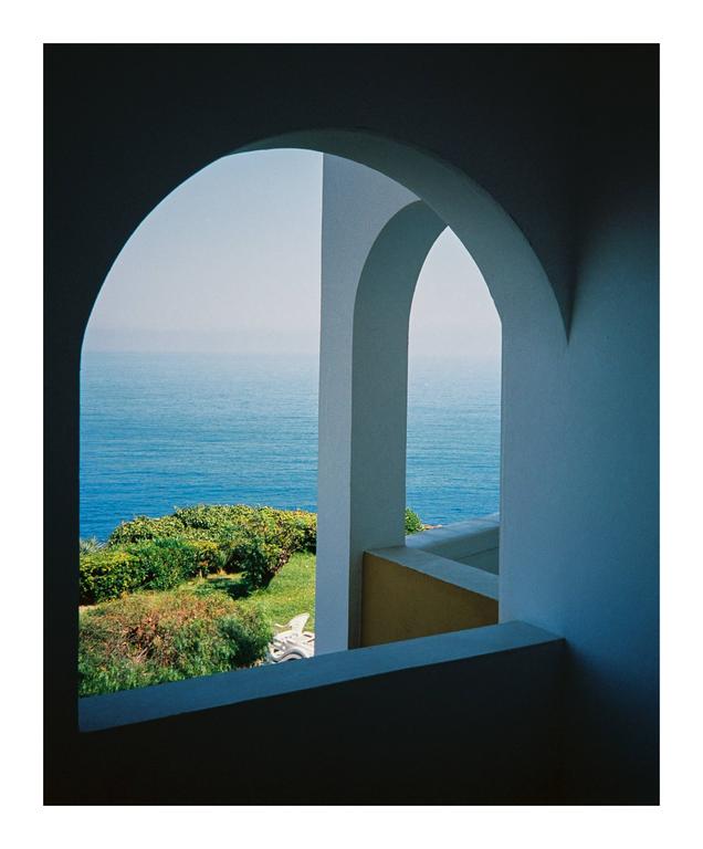 A view of the sea and green foliage is framed by two white arches.
