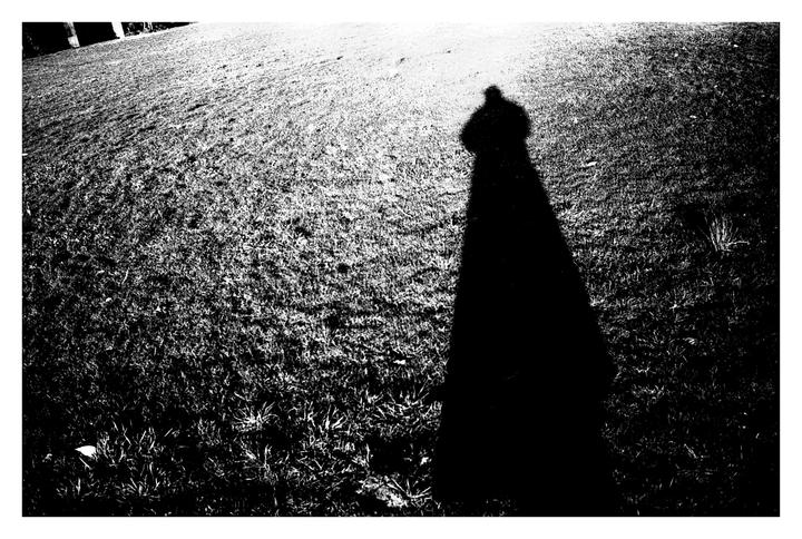 A long shadow of a person stretches across a grassy field.