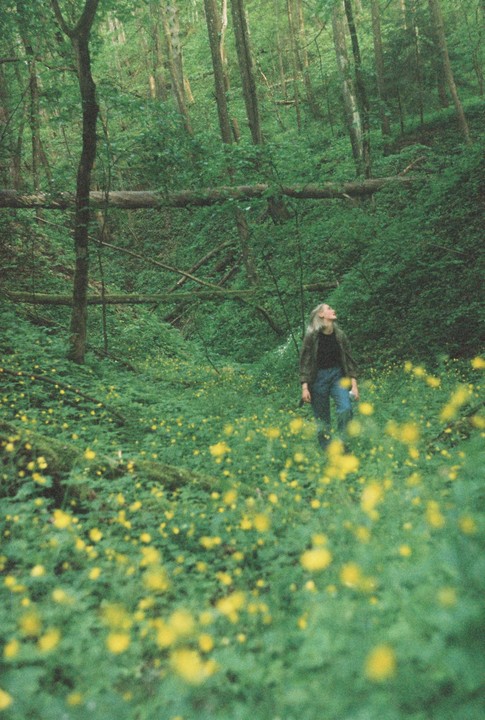 A woman walks through a forest floor covered in green foliage and small yellow flowers.