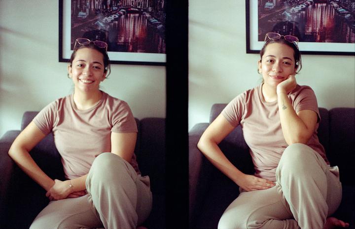 A woman sits on a couch in two split images, smiling at the viewer.