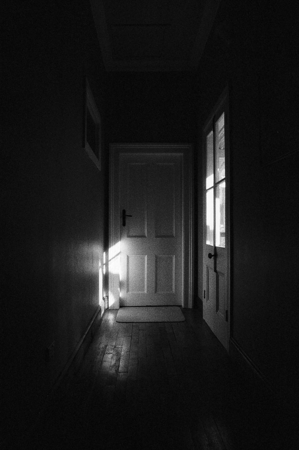 Sunlight streams into a dark hallway with two doors and a wooden floor.