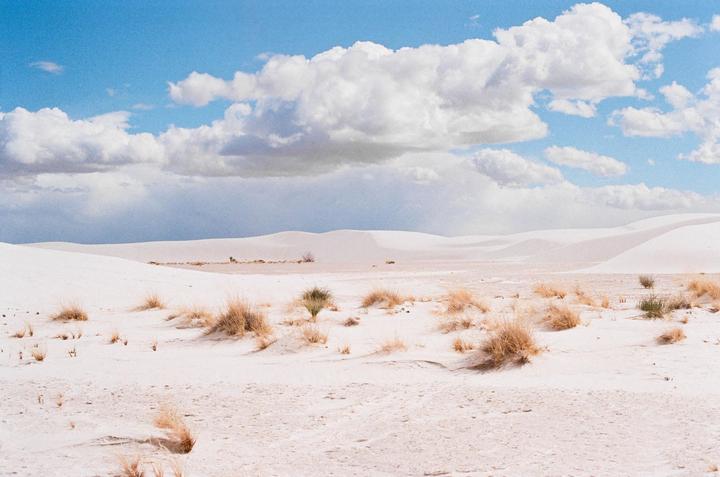 A desert landscape with white sand dunes and sparse vegetation under a blue sky with white clouds.
