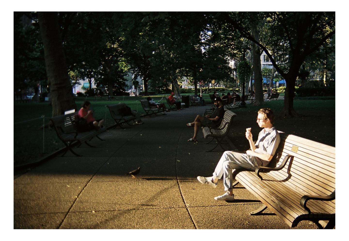A man sits on a park bench eating ice cream while other people relax in the shade.