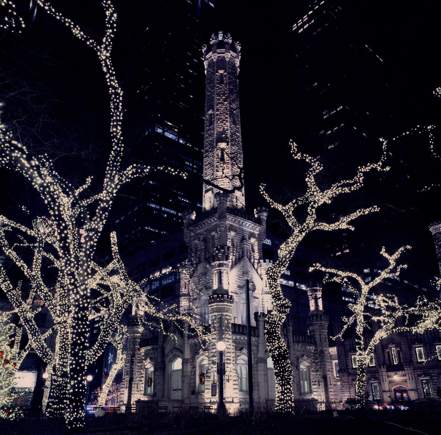 A tall stone tower is illuminated at night, surrounded by trees wrapped in string lights.