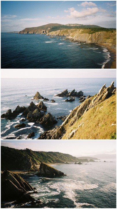 Three images show different views of the Galician coast with cliffs, beaches, and rock formations in the ocean.