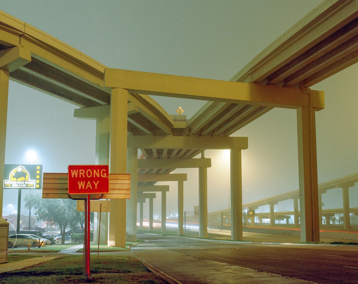 A "Wrong Way" sign stands in front of a highway overpass at night.