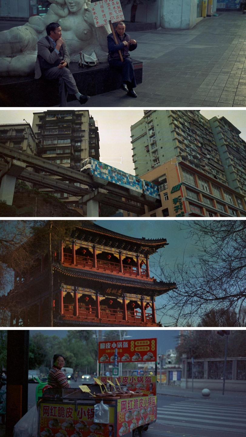 A collage of four images shows a man sitting next to a statue, a monorail passing by buildings, a traditional Chinese building, and a woman with a food cart.