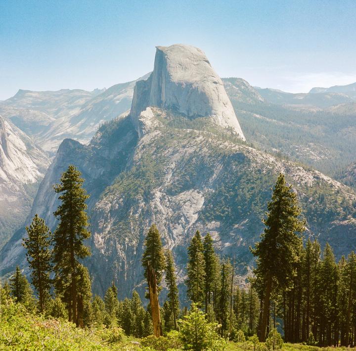 A large granite dome rises above a forest of pine trees and a mountain range.