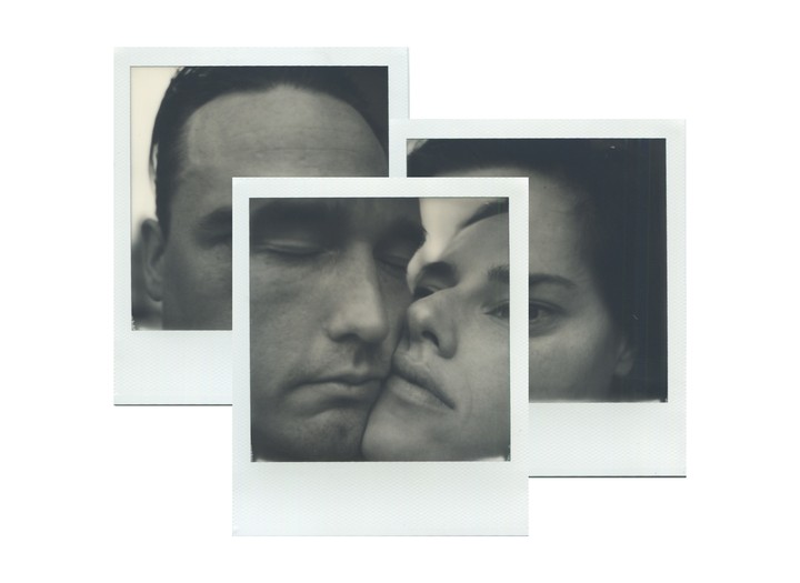 Three overlapping instant film prints show a man and a woman in an intimate embrace.