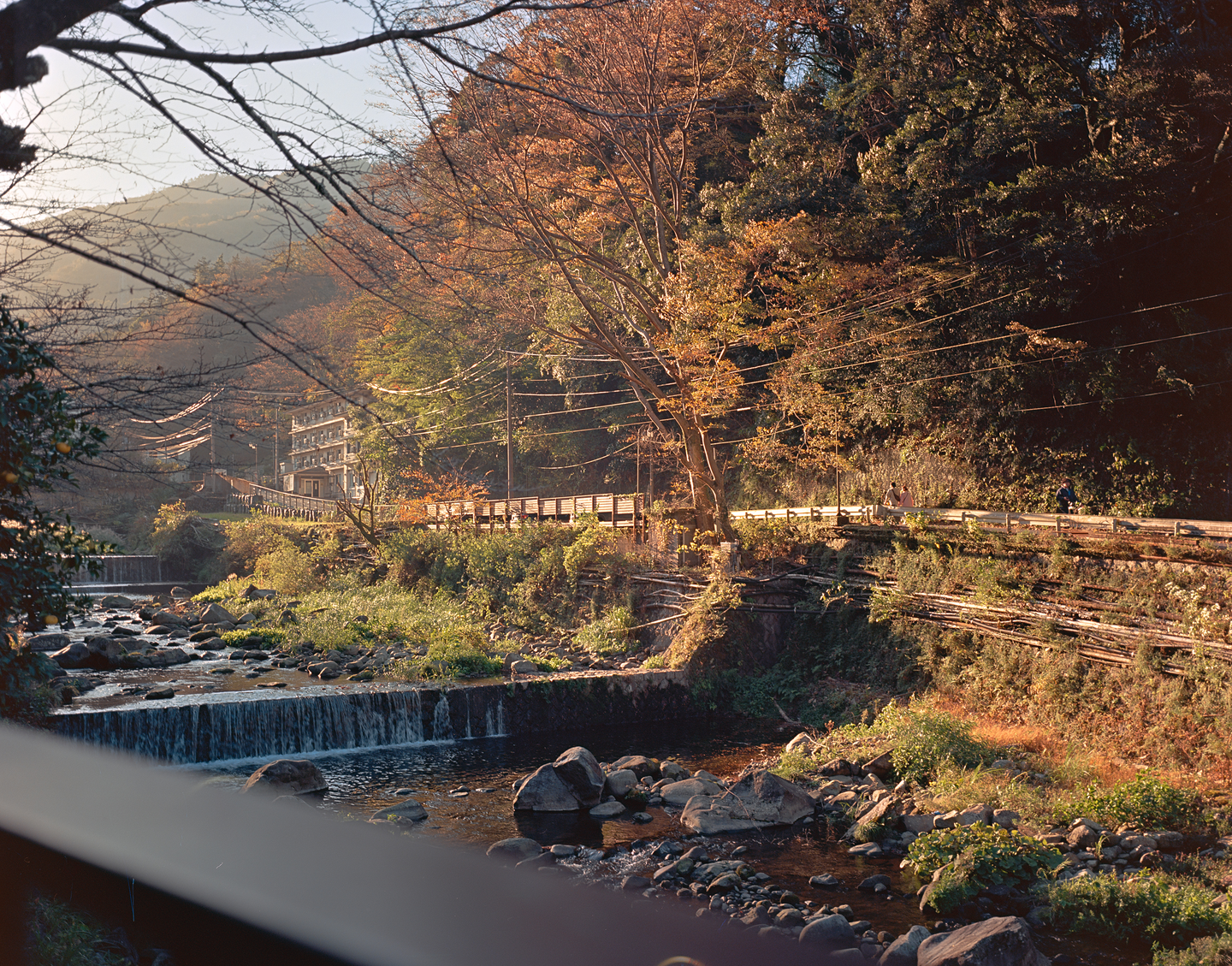 A river with small waterfalls flows past a road and buildings at the base of a mountain covered in autumn trees.