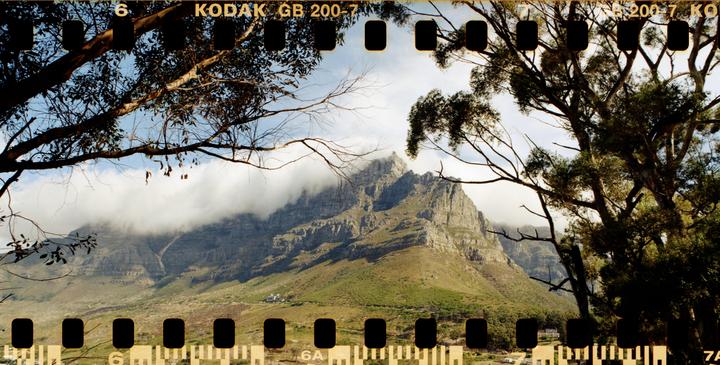 A mountain with clouds around its peak is framed by trees on either side.