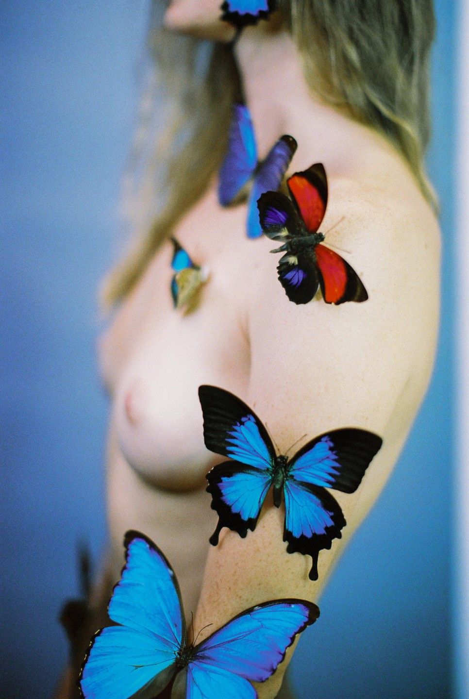 A woman with long hair has several butterflies on her body.