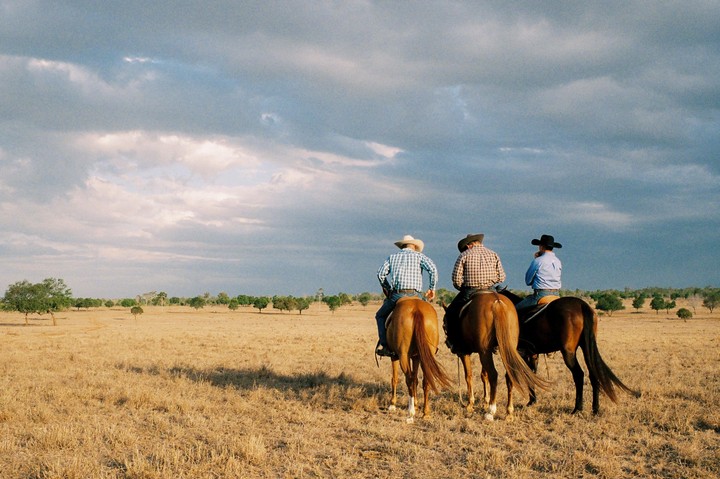 Three men on horseback look out over a dry field with scattered trees under a cloudy sky.