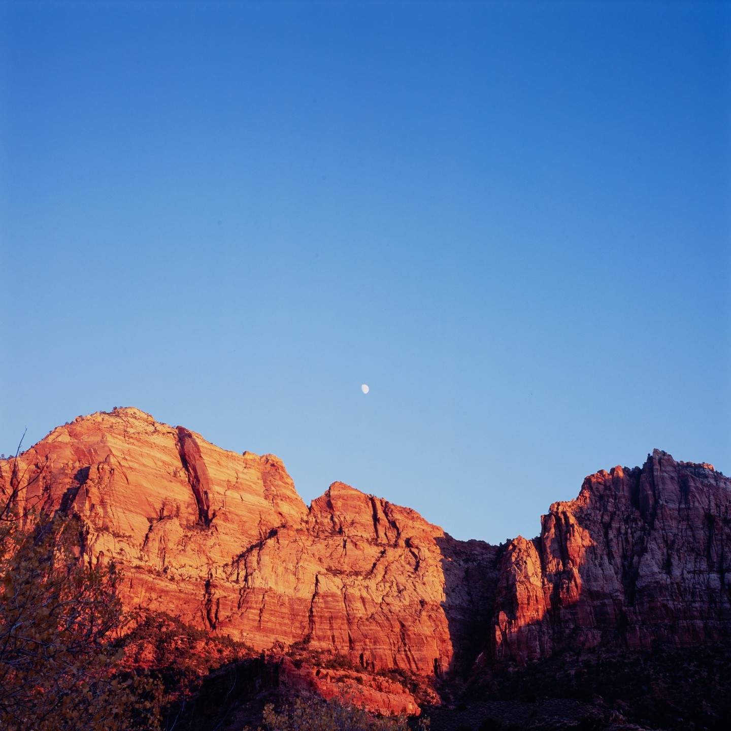 The moon is visible in a clear blue sky above red rock formations.