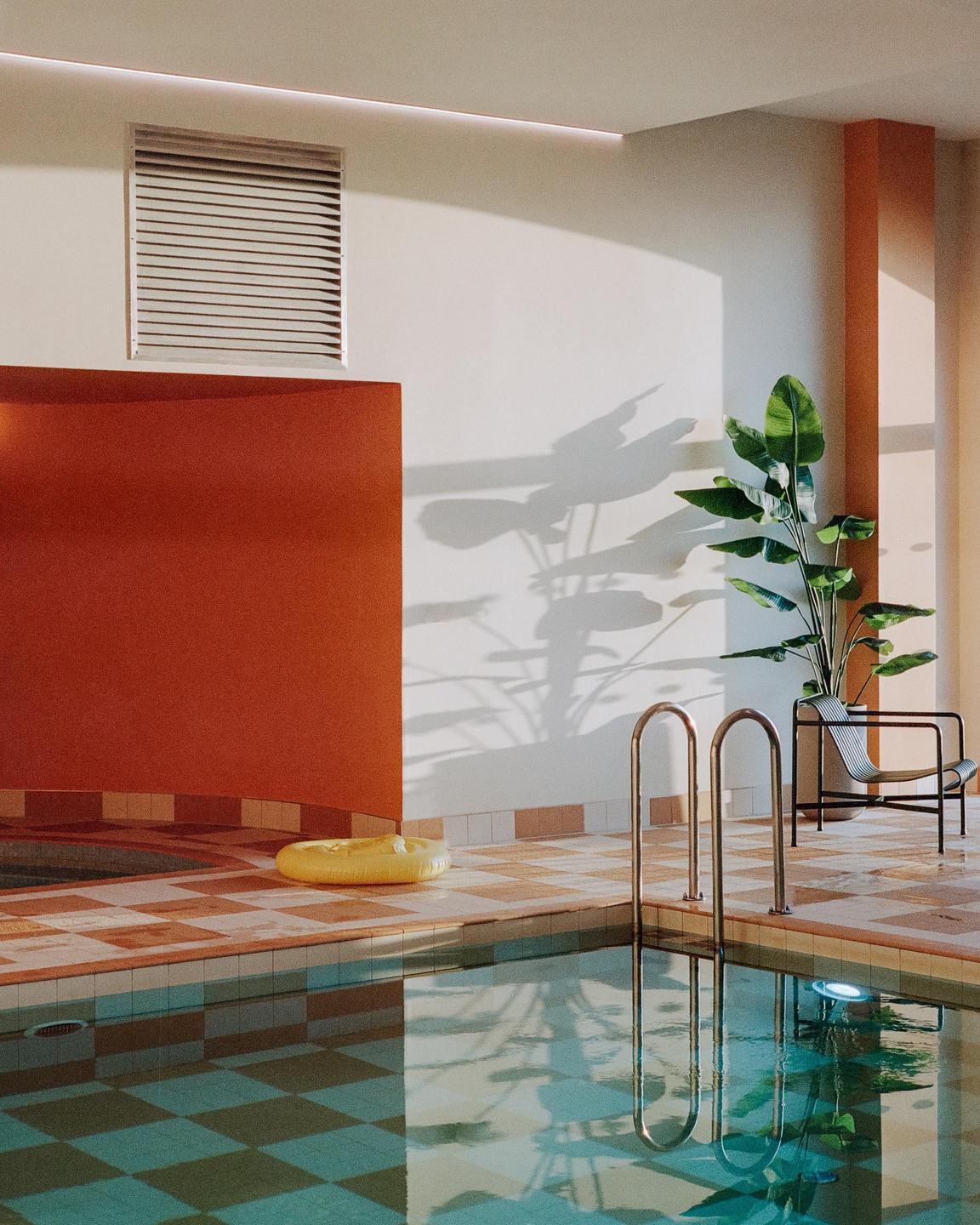 Sunlight casts shadows of a large plant onto a white wall next to an indoor swimming pool with checkered tiles.