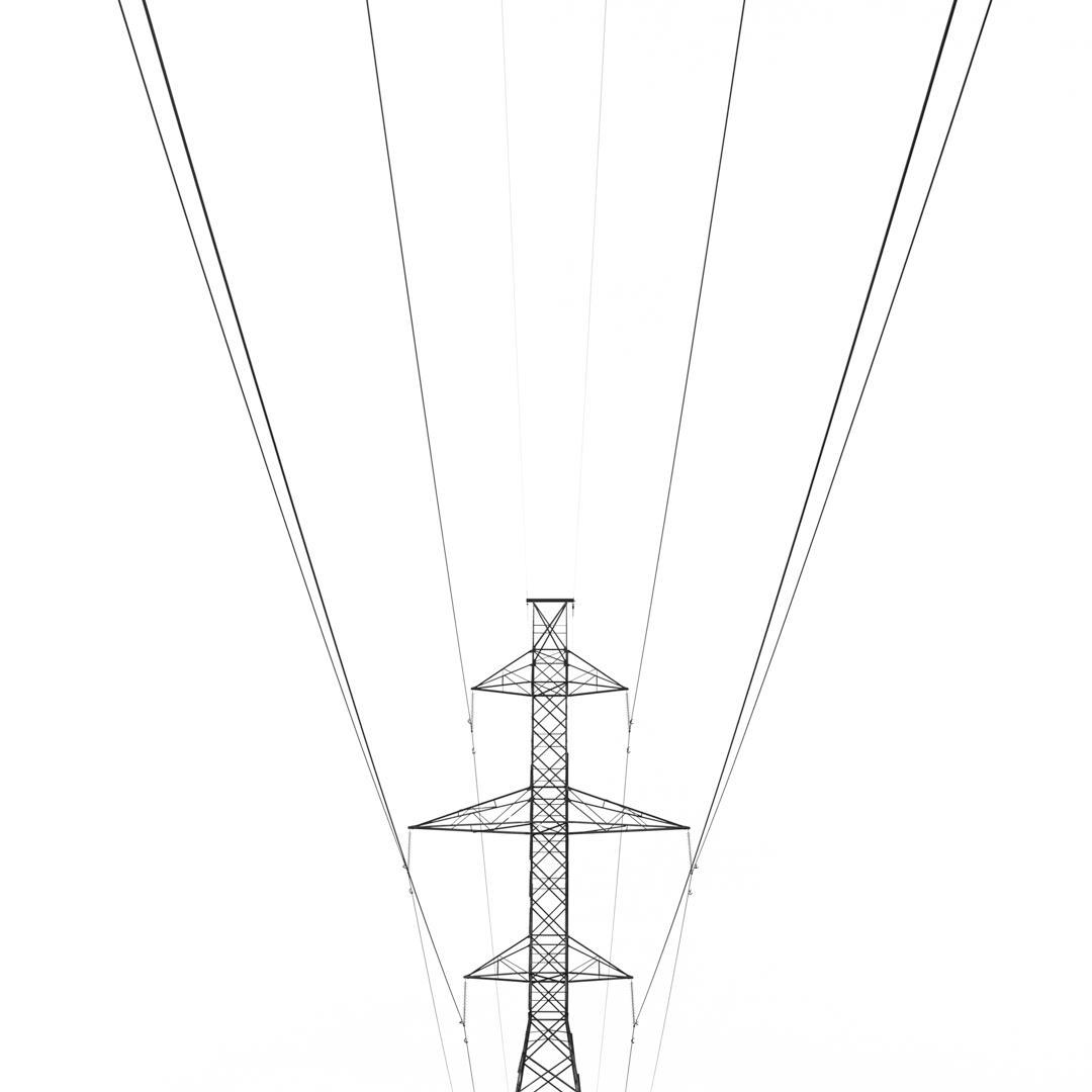 A black and white image shows a power line tower with many wires extending from it against a white sky.