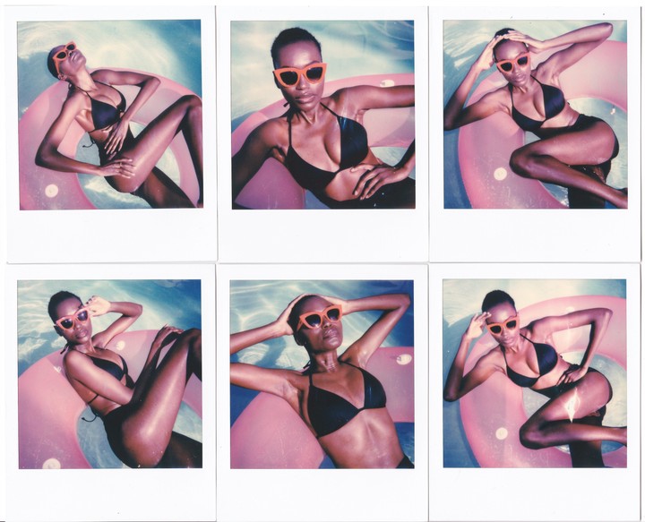 Six polaroid photos show a woman in a black bikini and orange sunglasses posing on a pink inflatable ring in a swimming pool.
