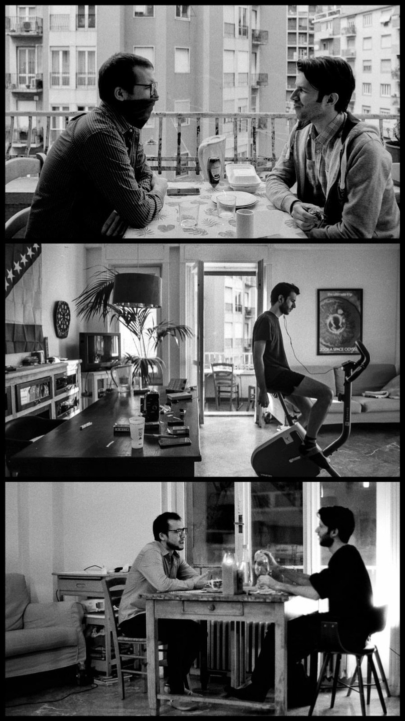 Three images show two men in an apartment, one on a balcony, one on an exercise bike, and two at a table.