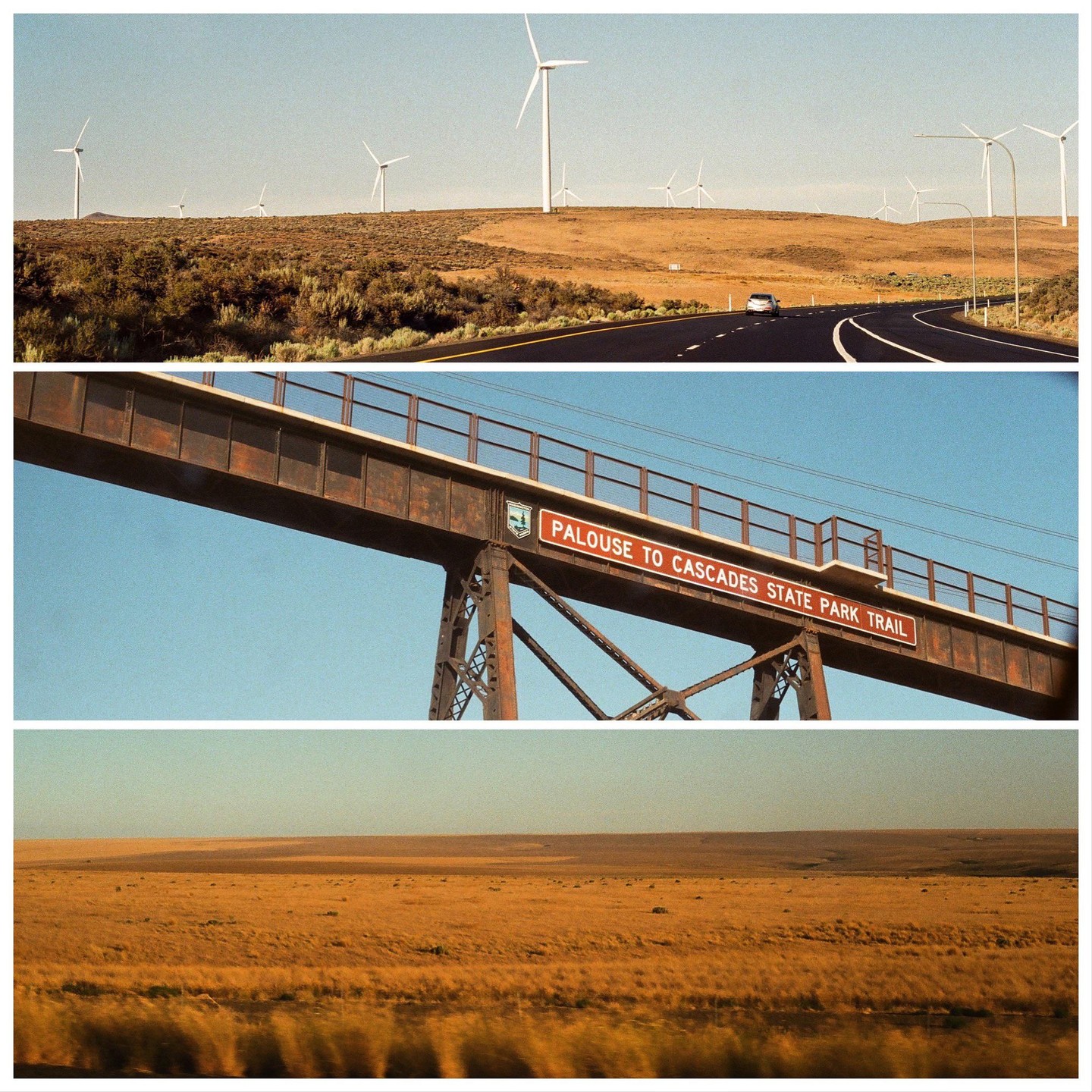 Three landscape images are arranged vertically, showing a road with wind turbines, a bridge with a sign, and a field of dry grass.