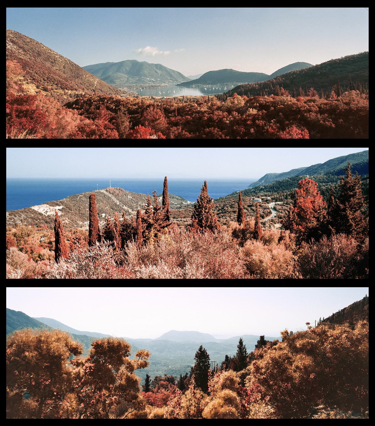 Three panoramic images show a mountainous landscape with a body of water and a town in the distance.
