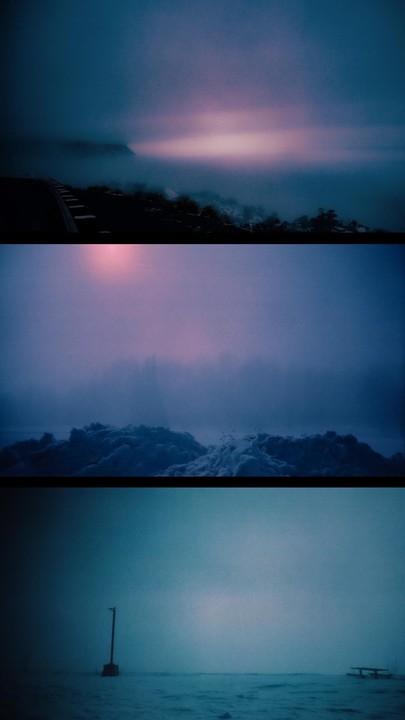 Three horizontal panels show a hazy, snowy landscape with a pink glow in the sky, a road, and a streetlamp.