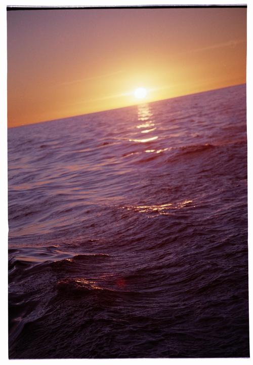 The sun sets over the pacific ocean, casting a golden glow on the water.