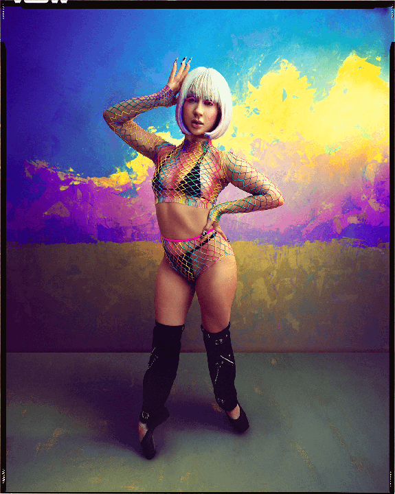 A woman in a colorful fishnet outfit and black boots poses against a vibrant painted backdrop.