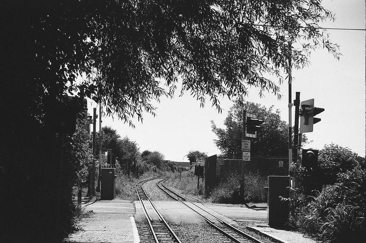 A black and white photograph shows train tracks curving into the distance at a station, with trees and traffic lights visible.