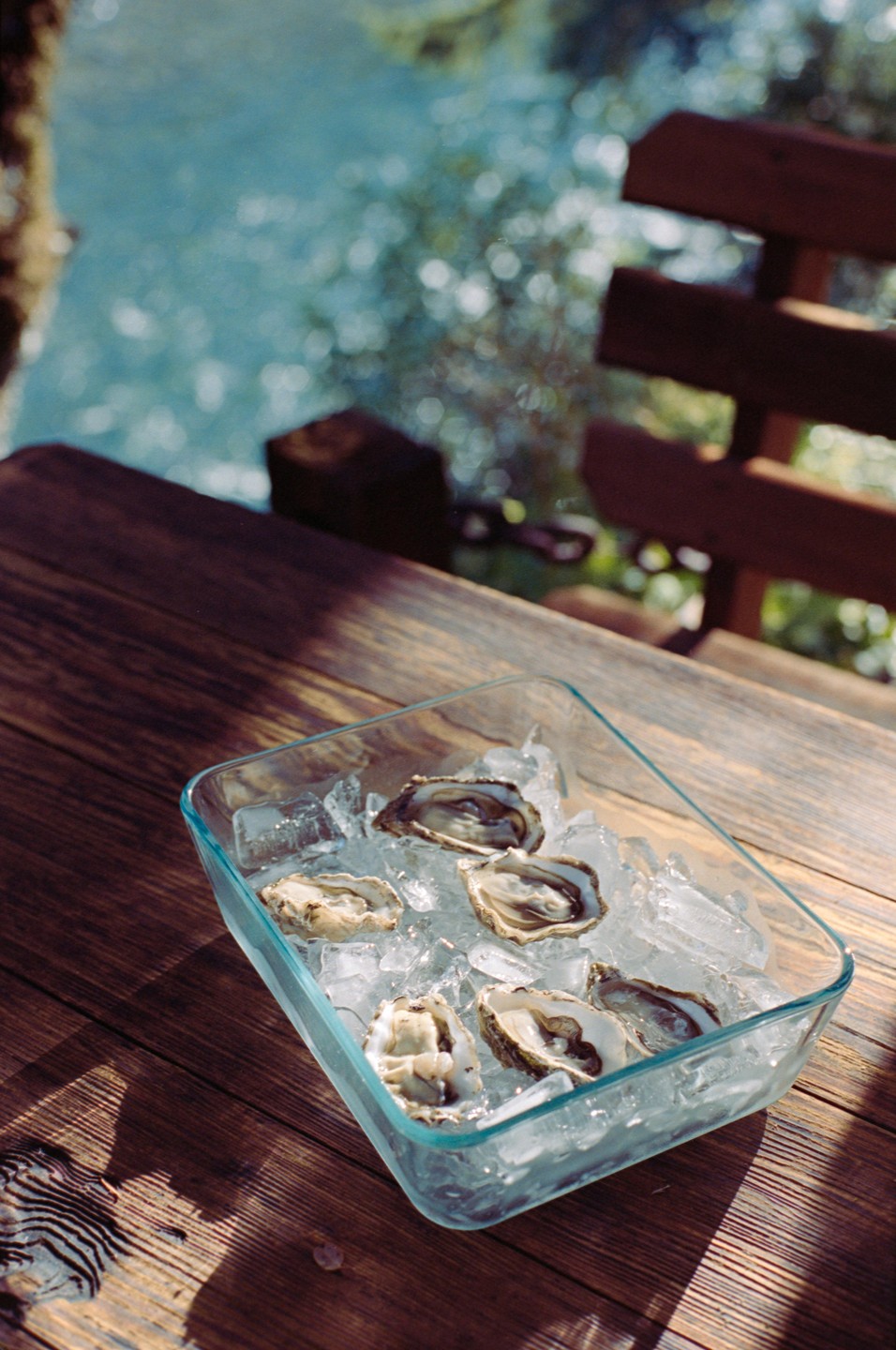 A glass dish of oysters on ice sits on a wooden table next to a body of water.