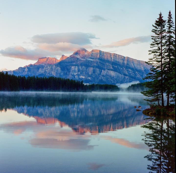 A mountain range with a forest at its base is reflected in a misty lake at dawn.