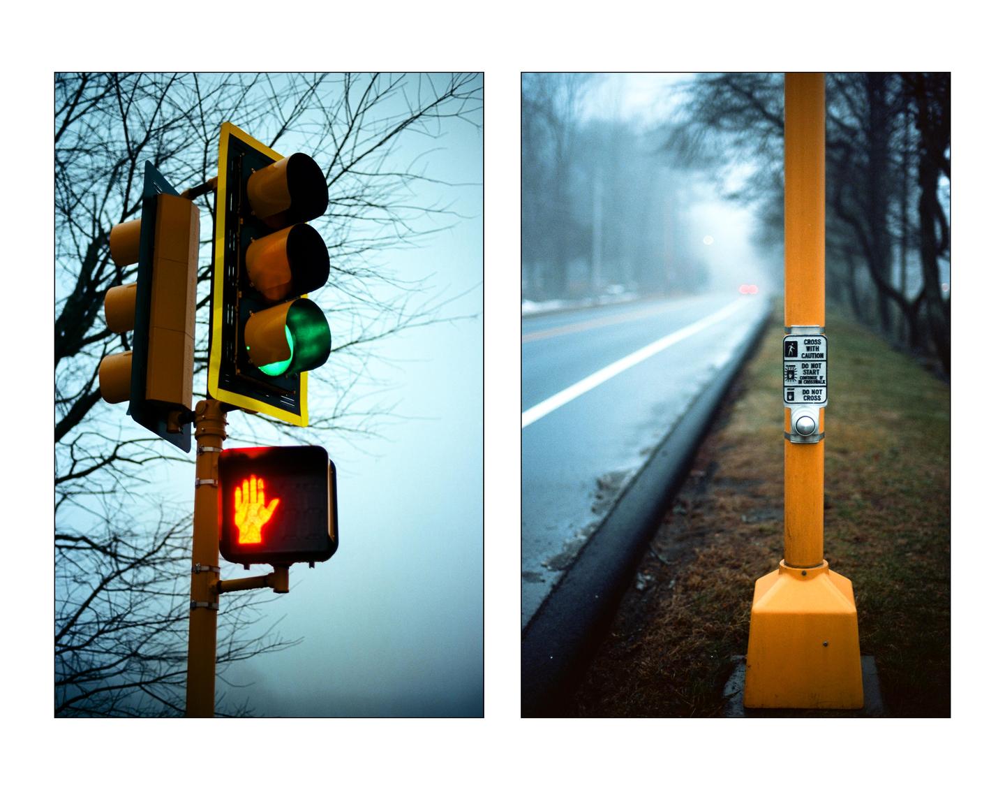 A traffic light with a green signal and a pedestrian crossing signal showing a red hand are visible on the left, while a yellow pole with a pedestrian button stands beside a foggy road on the right.