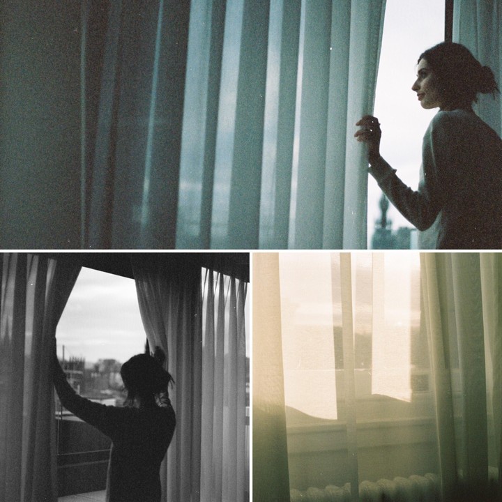 A woman looks out a window through vertical blinds in a three-panel photo collage.