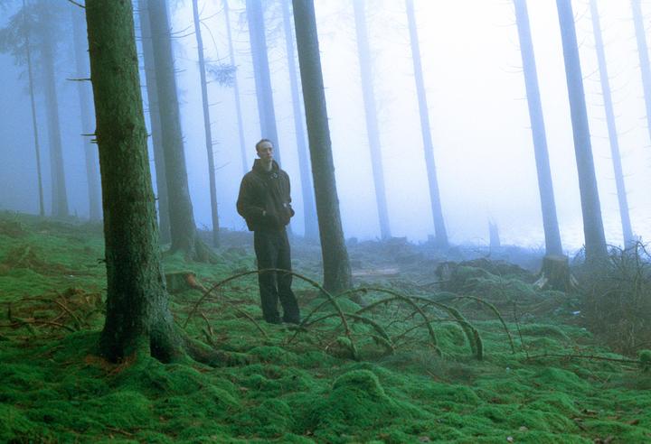 A man stands in a foggy forest with a bright green mossy ground.