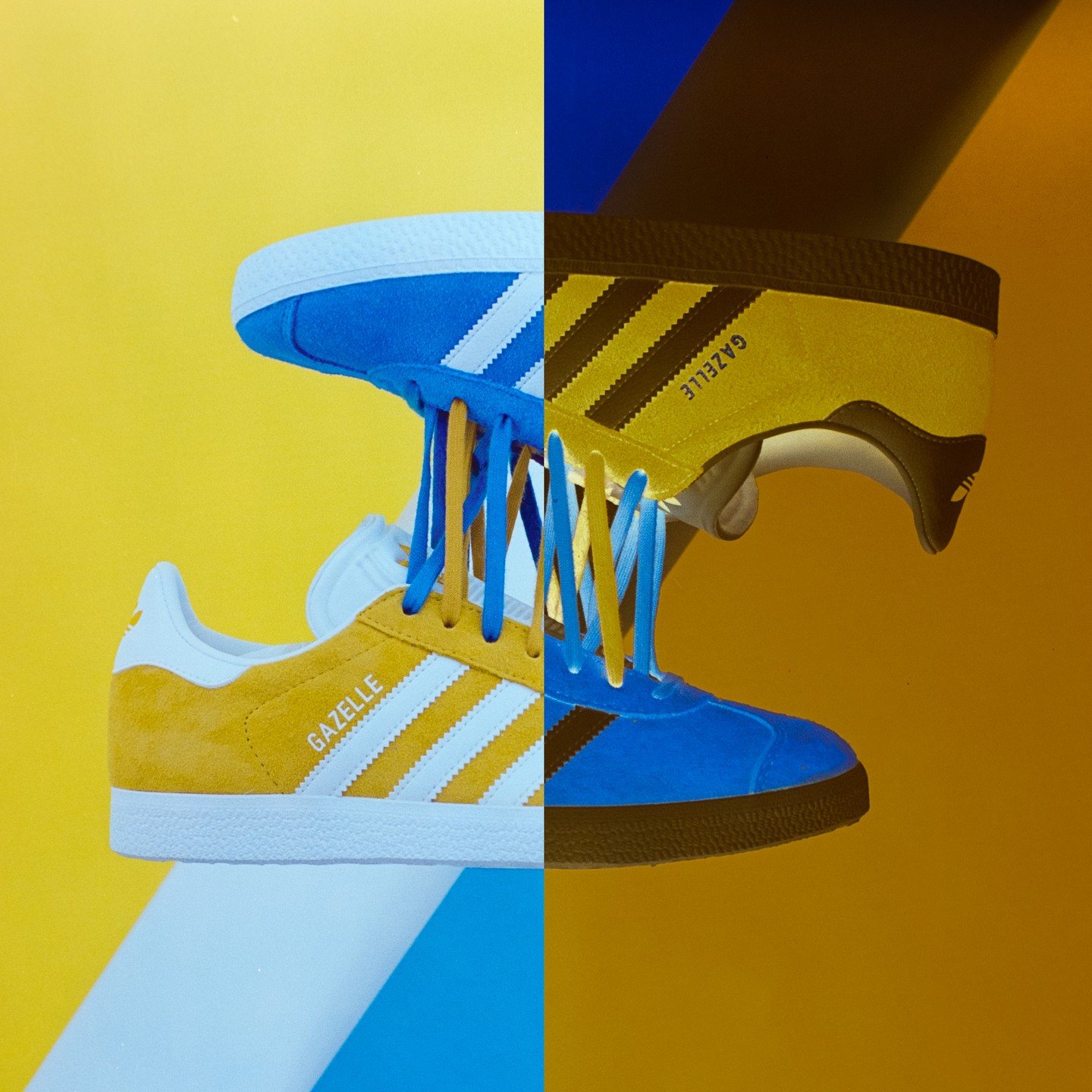 Two shoes are arranged in a split image, with one half showing the shoe in its original colors and the other half showing it in negative colors.