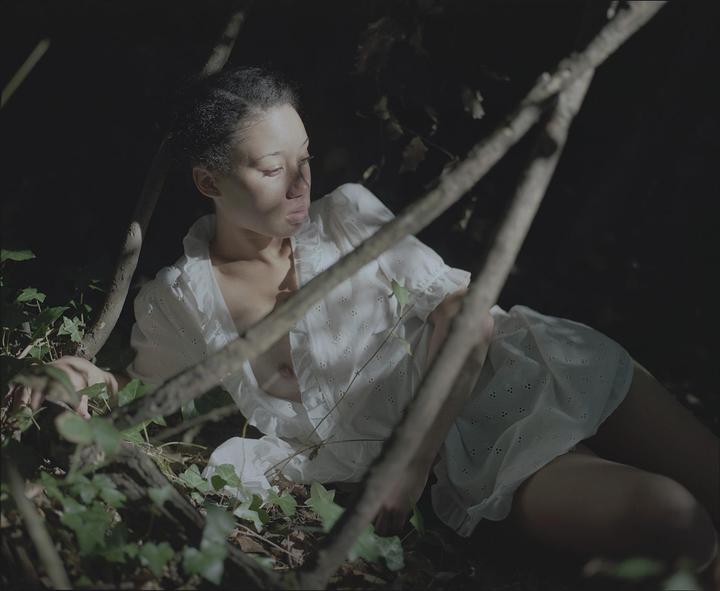 A woman in a white dress is lying on the ground among branches and leaves.